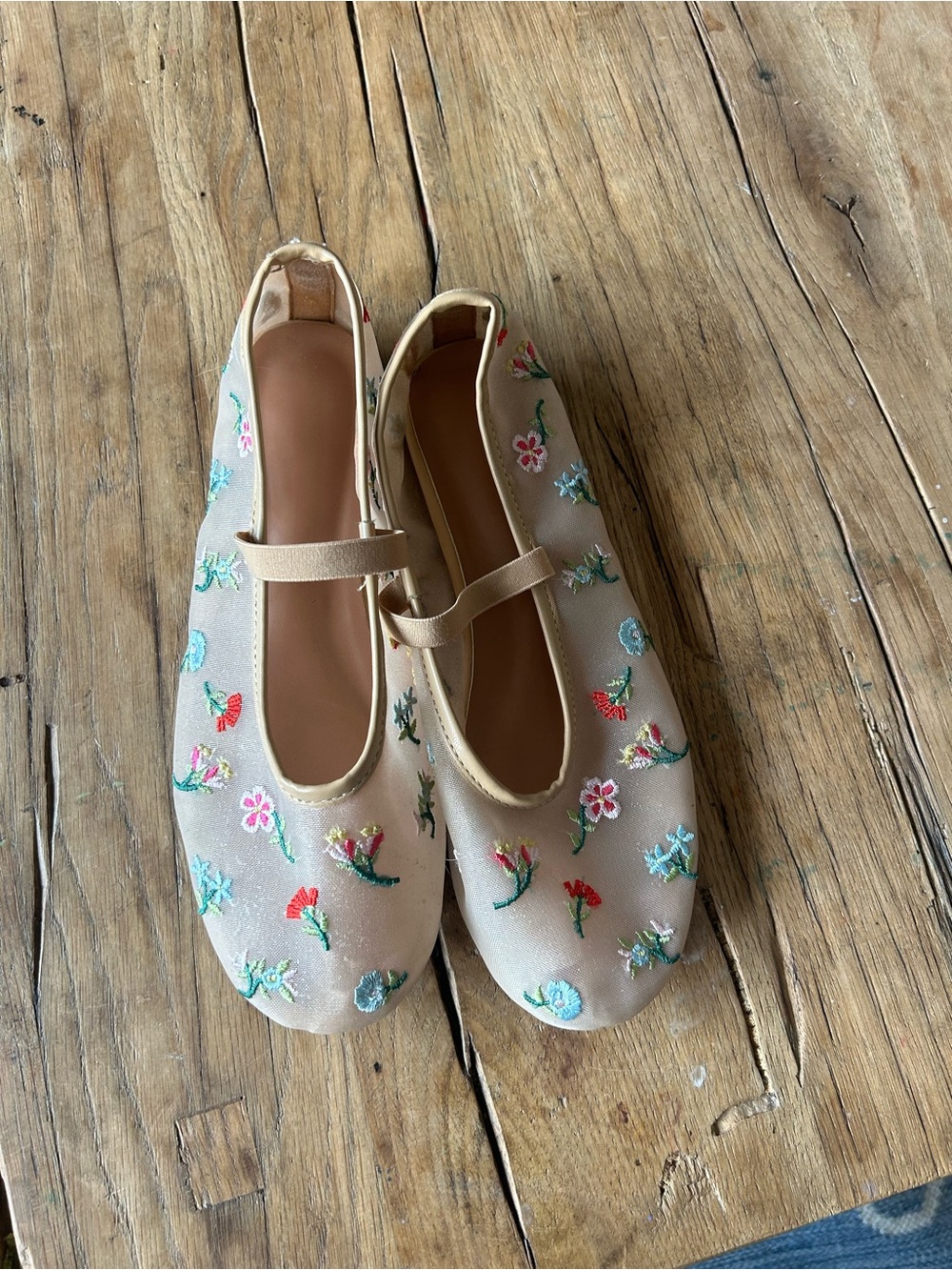 Beige Floral Embroidered Mary Jane slip on mesh Shoes flats strap 6.5